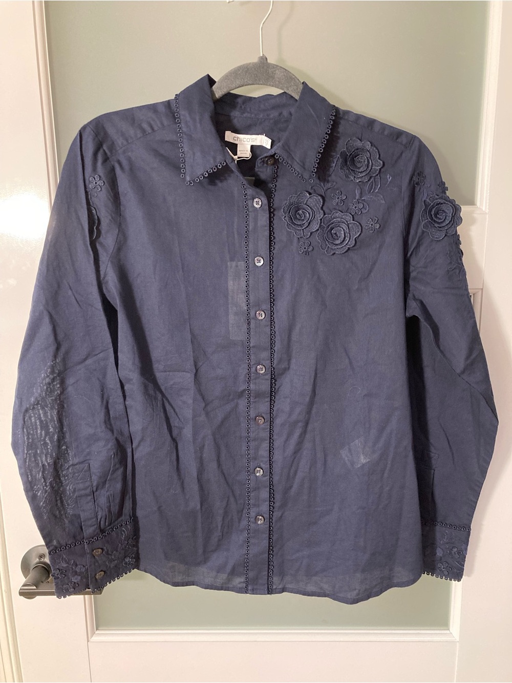 Chico's Navy Button-Down Shirt with Floral Embroidery -  size 6 - NWT